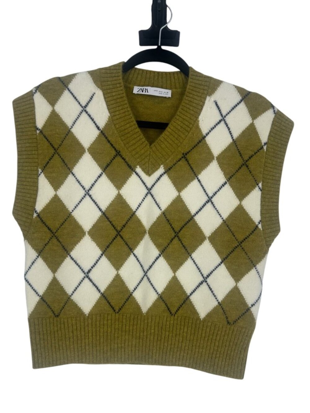 Zara Olive Green Argyle Sweater Vest Womens Small V-Neck Knit Preppy Cottagecore